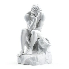 Naklejka premium Marble sculpture of a man deep in thought sitting on a rock