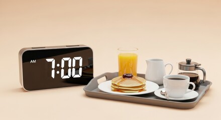 Breakfast tray with pancakes, juice, and coffee next to an alarm clock showing seven o clock am time