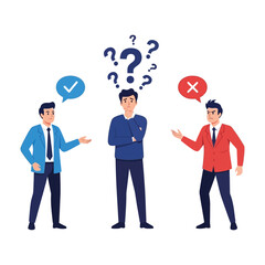 A confused man with question marks above his head is choosing between two conflicting opinions.
