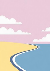 Fototapeta premium Minimalist landscape with winding road meeting ocean under a pastel sky canvas