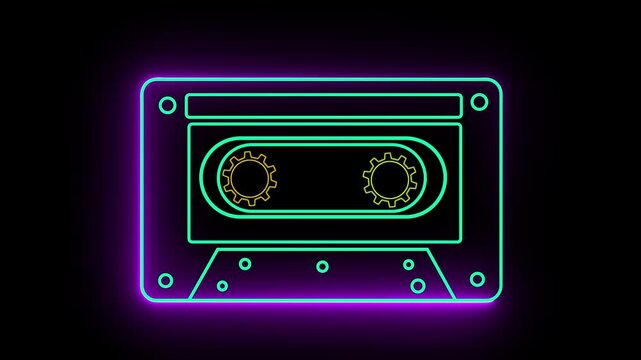 Neon Cassette Glow – A vibrant tribute . neon-style cassette tape illustration with green/purple outlines.. gears and interior details for a retro aesthetic.Glowing effect against a black background