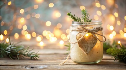 Rustic christmas candle in a jar with burlap heart and fir branch