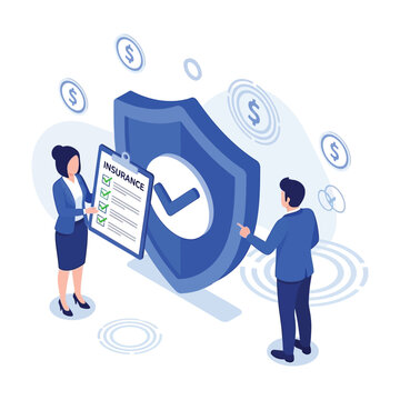 An insurance agent presents a policy on a clipboard to a client standing by a large protective shield.