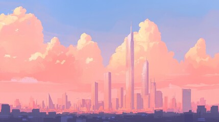 Fototapeta premium Pastel cityscape with dramatic clouds