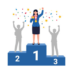 Victorious businesswoman with gold medals stands on a winner's podium under falling confetti. © hudhi