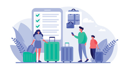 People with luggage at the airport checking the checklist on the phone before going on a trip