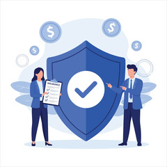 Illustration of insurance agents with a policy document and a large shield symbolizing financial protection.