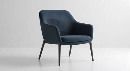 Studio shot of a teal upholstered armchair with black legs against a white background;  modern furniture, simple design, clean lines.