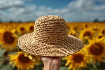 Hand holding straw hat in front of a vibrant sunflower field