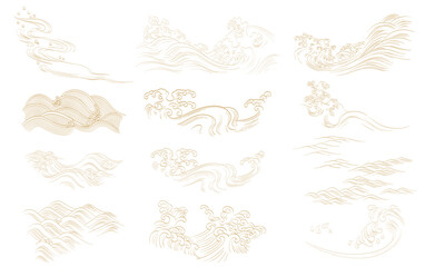 Set of hand drawn cloud with Japanese pattern vector. Oriental decoration with logo design, flyer or presentation in vintage style. Fuji mountain, bamboo, bonsai tree element with geometric shape.