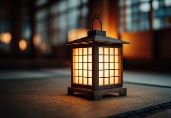 Illuminated wooden lantern on a mat, warm glow