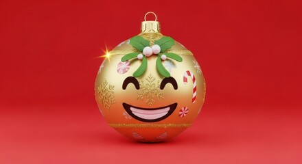 Close up of a golden christmas ornament with a smiling face on a red background in a studio shot