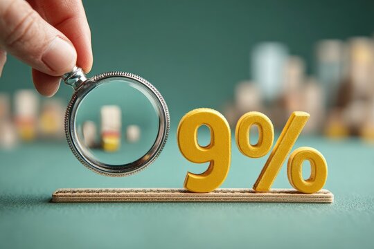 Hand holds magnifying glass near large 9% sign - Powered by Adobe