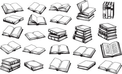 Hand-Drawn Vintage Book Sketch Set. Open and Closed Books, Stacks, and Pages Illustration Collection