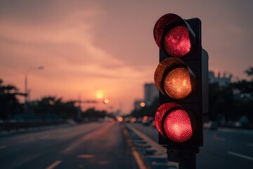 Vivid Red and Amber Traffic Light Glowing at Urban Sunset, Road Awaiting