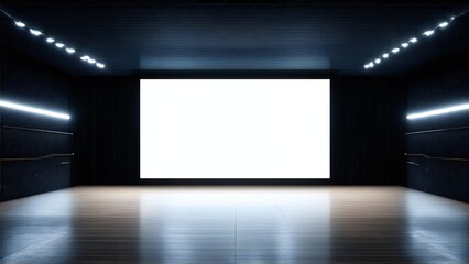 Modern dark room with large blank white screen and reflective floor