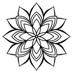 Intricate black and white floral mandala design with repeating petal patterns isolated on white background