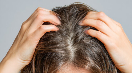 Fototapeta premium Close-up of scalp and hair thinning due to stress or hair loss concerns
