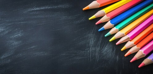 Colorful pencils fanned against a dark chalkboard