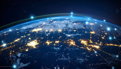 Night view of Earth from space, showcasing illuminated city lights and a network of interconnected nodes