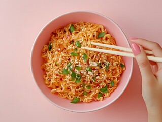 Colorful Bowl of Noodles with Green Onions and Chopsticks