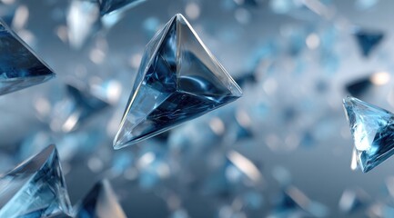 Abstract image of numerous translucent, triangular prisms floating in space