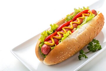 Hot dog with mustard and relish on a bun