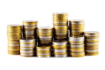Gold and silver coin stacks on white background for finance and investment concept