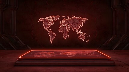A futuristic scene shows a glowing red world map above a red platform, set against a tech-inspired wall in a monochromatic, deep red environment, creating a serious tone.