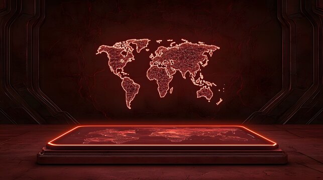 A futuristic scene shows a glowing red world map above a red platform, set against a tech-inspired wall in a monochromatic, deep red environment, creating a serious tone.