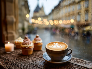 Cozy caf? scene with latte art and cupcakes by a rainy window