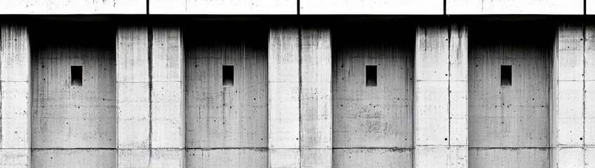Monochrome image of a concrete facade with four recessed square openings, evenly spaced and framed by vertical concrete pillars under a horizontal band