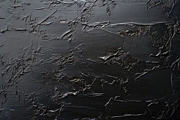 Fototapeta premium Dark, textured surface with thick, uneven black paint or plaster application, showing varied depths and brushstrokes