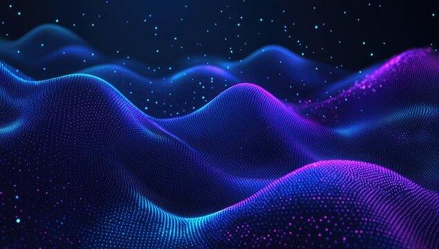 Abstract digital landscape of undulating, glowing blue and purple particles forming smooth hills against a dark background, scattered with tiny lights - Powered by Adobe