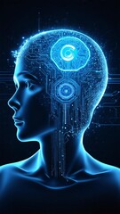 Obraz premium Futuristic human head with glowing blue digital brain and circuits