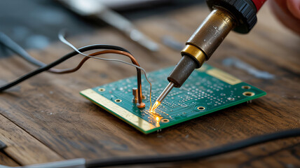 Soldering Process on Circuit Board: Witness the intricate process of soldering electronic components onto a circuit board, highlighting the precision and skill of the craft.