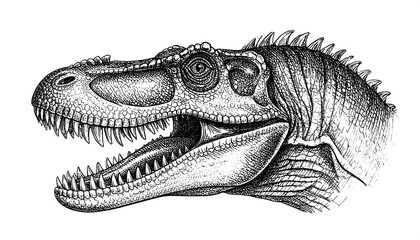 Naklejka premium Detailed pen-and-ink drawing of a theropod dinosaur head, open mouth showing teeth