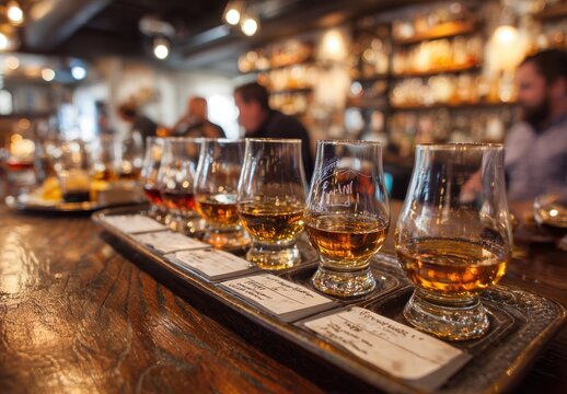 Whiskey Tasting Flight: Glencairn Glasses, Amber Spirits, Bar Setting, Selective Focus.