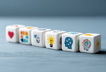 Row of white cubes displaying colorful concept icons on a blue surface