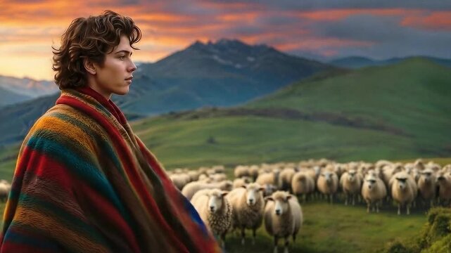 Joseph wearing a coat of many colors with flock of sheep biblical concept with copy space.