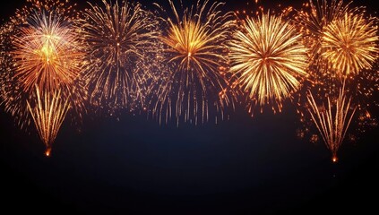 A horizontal banner displays a vibrant fireworks display of gold and orange bursts against a dark night sky, leaving space at the bottom
