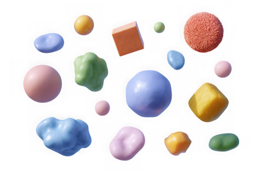 Assortment of colorful abstract geometric shapes floating isolated on transparent background