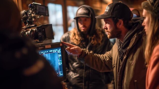 Movie set moment capturing a director guiding actors through nuanced delivery referencing monitor playback to adjust timing and expression.