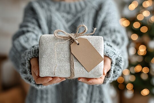 Cozy hands presenting a beautifully wrapped christmas gift with tag - Powered by Adobe