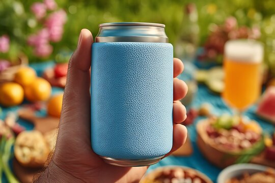 Hand holds glittery blue can cooler at outdoor picnic gathering