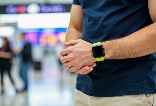 Man's arm wearing a modern smartwatch with a vibrant green band in a blurred public setting