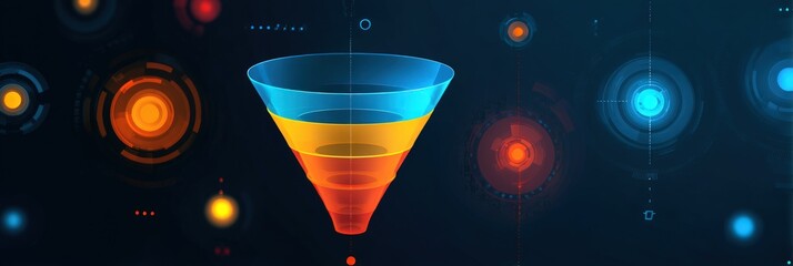 Colorful sales funnel with digital interface elements on dark background