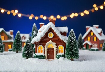 Naklejka premium Miniature Christmas village glowing warmly in a snowy winter scene with festive lights