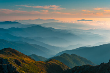 Fototapeta premium Serene mountain landscape with layered ridges and a colorful sky at sunrise