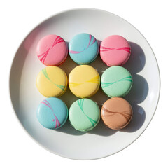 Colorful assorted macarons arranged on white plate